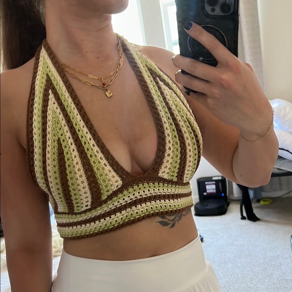 Brown and Cream Crochet Halter Top